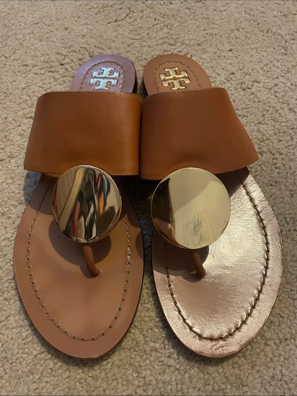 Tory Burch Brown Leather Slide Sandals with Gold Medallions